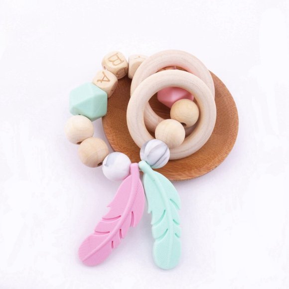 Feather Dream Catcher Baby Teething Ring, Silicone & Beech Wood, Montessori Toy - Picture 7 of 9